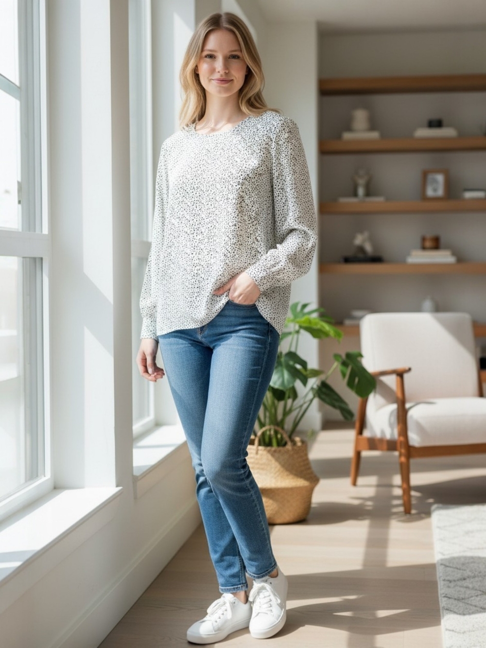 Adrianna Papell Long Sleeve Scoop Neckline Speckled Top